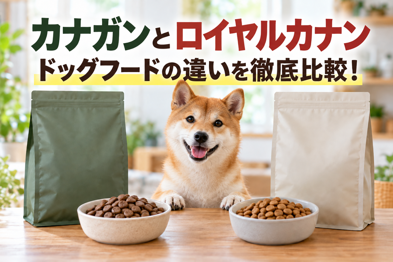 カナガンとロイヤルカナンのドッグフードの違いを徹底比較するアイキャッチ画像。柴犬を中央に、左右にドッグフードの袋とフードボウルを配置した比較イメージ