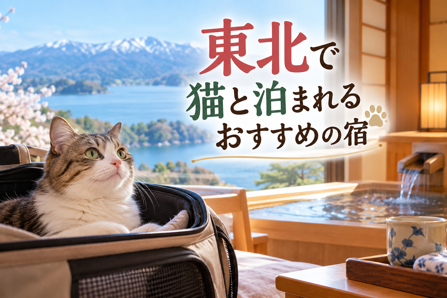 東北の湖と山々を望む温泉宿で、キャリーバッグに入った猫のアイキャッチ画像