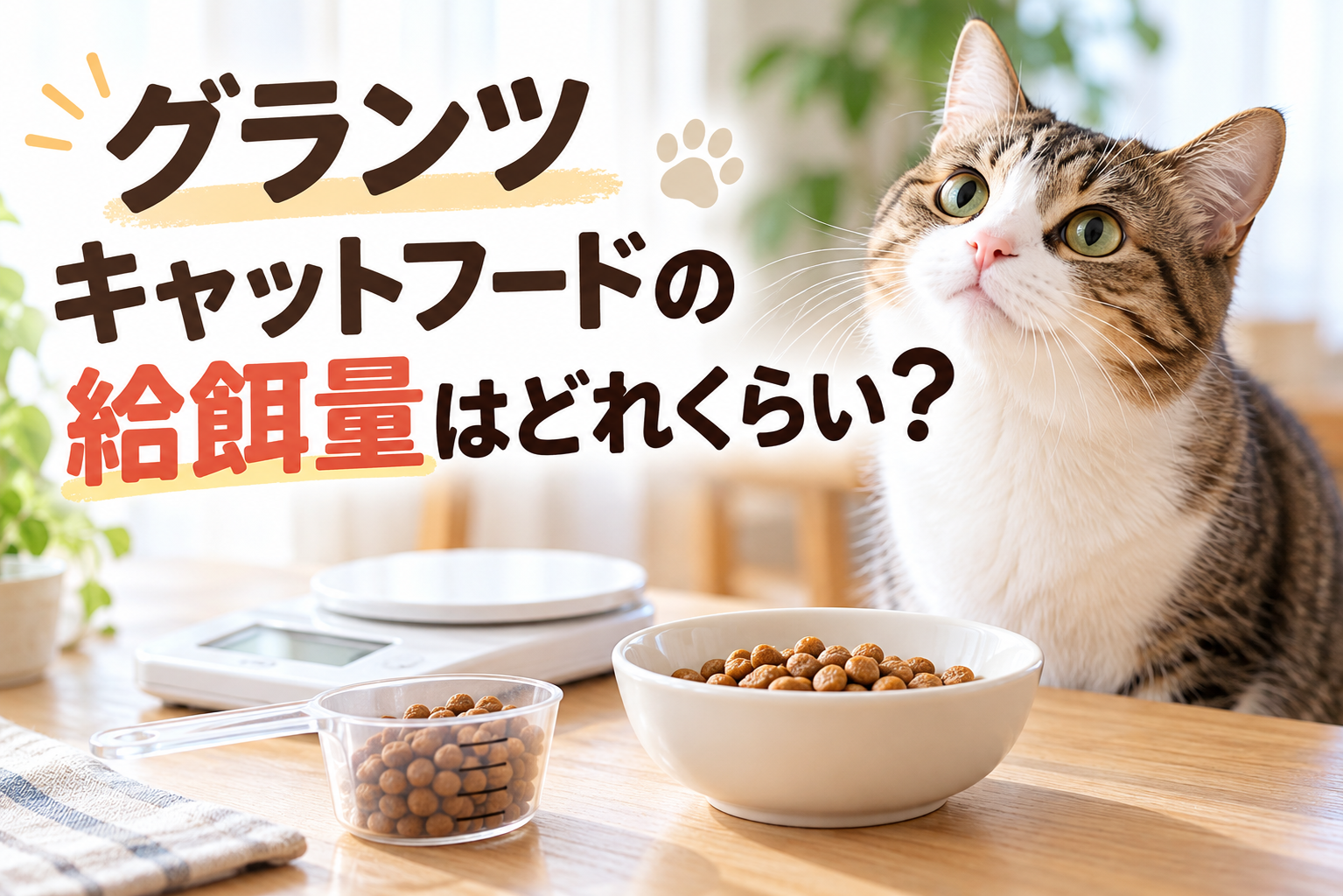 GRANDS（グランツ）キャットフードの給餌量を解説するアイキャッチ画像。猫とキャットフード、計量スプーンを使って1日の目安量を表現