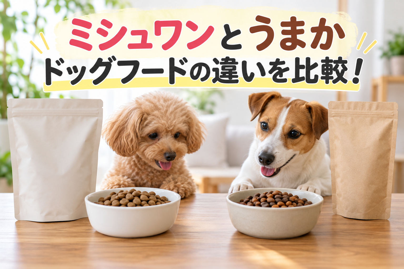 ミシュワンとうまかのドッグフードの違いを比較するアイキャッチ画像。2匹の犬とドッグフードの器を並べて、原材料や価格などの比較をイメージ化