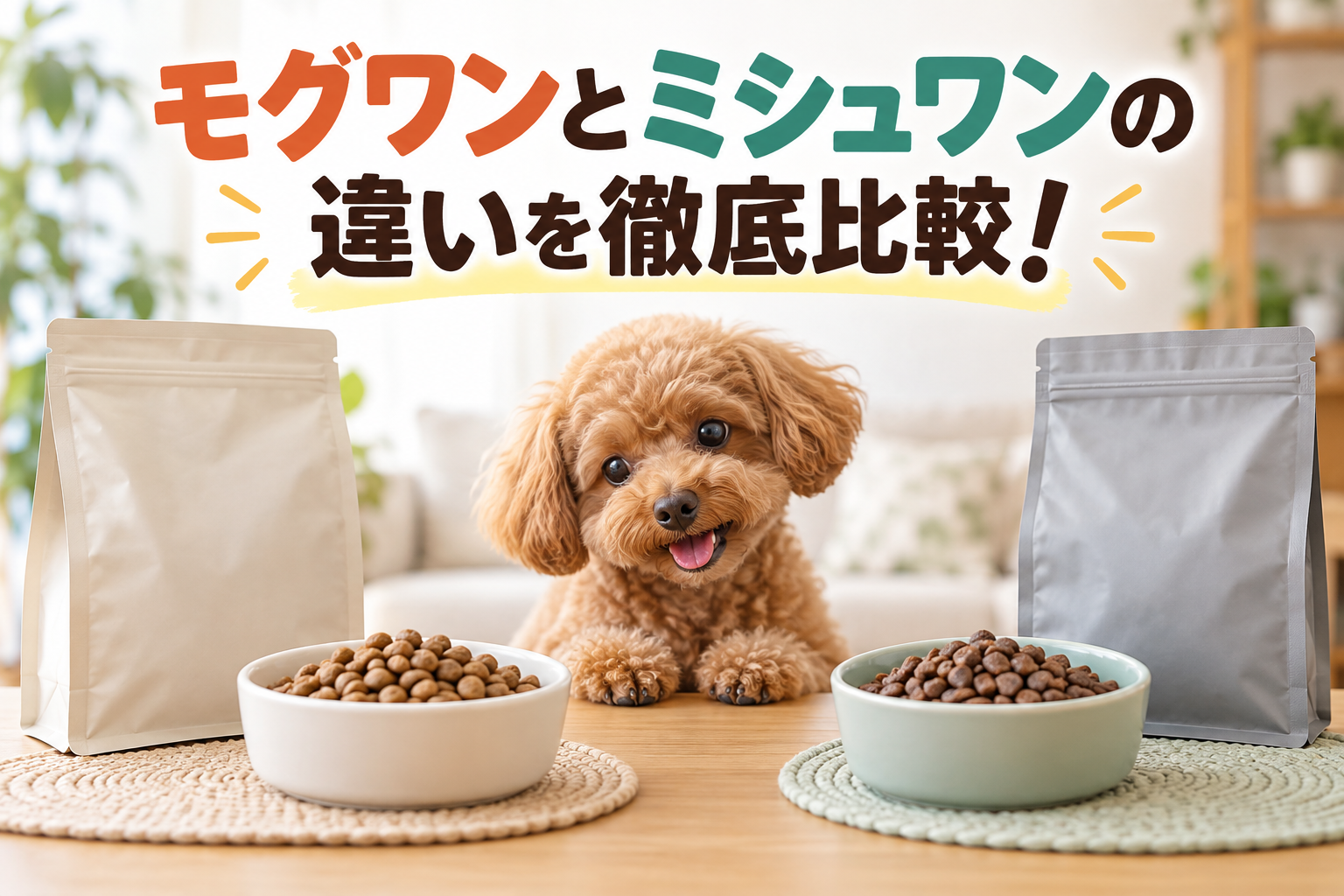 モグワンとミシュワンの違いを、粒・容量・買い方の3つの基準で比較する犬用ドッグフードのアイキャッチ画像