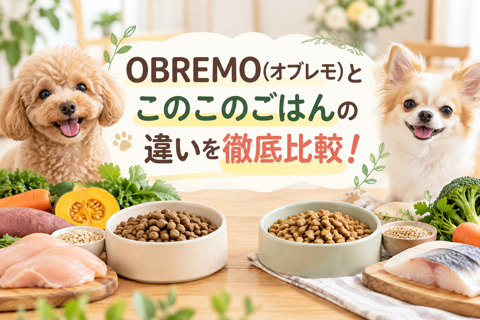 オブレモとこのこのごはんの違いを、毎月の費用・食材・買い方の観点で比較したアイキャッチ画像