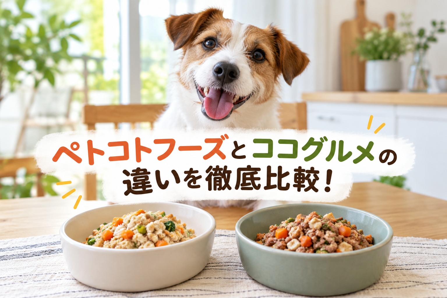 ペトコトフーズとココグルメの違いを、価格・解約・特徴の観点で比較するアイキャッチ画像